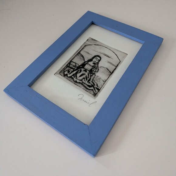 4/$10 Intaglio Print Framed Handcrafted Artwork Signed Reading Her Book of Hours - Picture 3 of 10